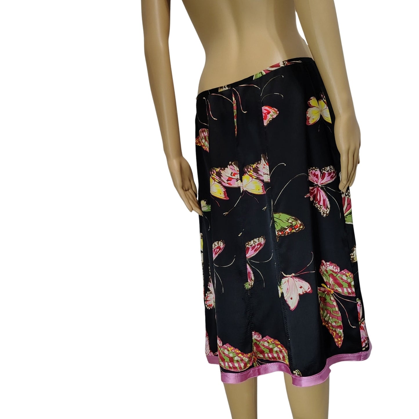 100% Silk Butterfly Print Pink Black Gerard Darel A Line Skirt Size 6 US 42 EU