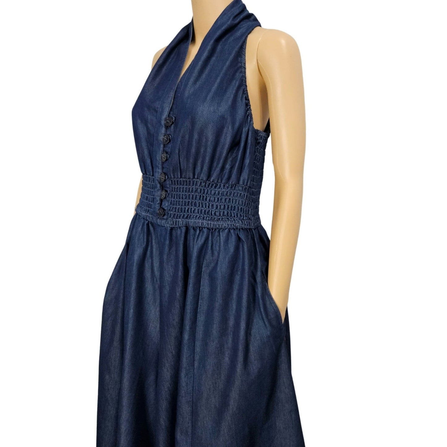 Jean Shirred Racerback Elephant Extra Wide Leg Blue Denim Romper V Neck Size XL