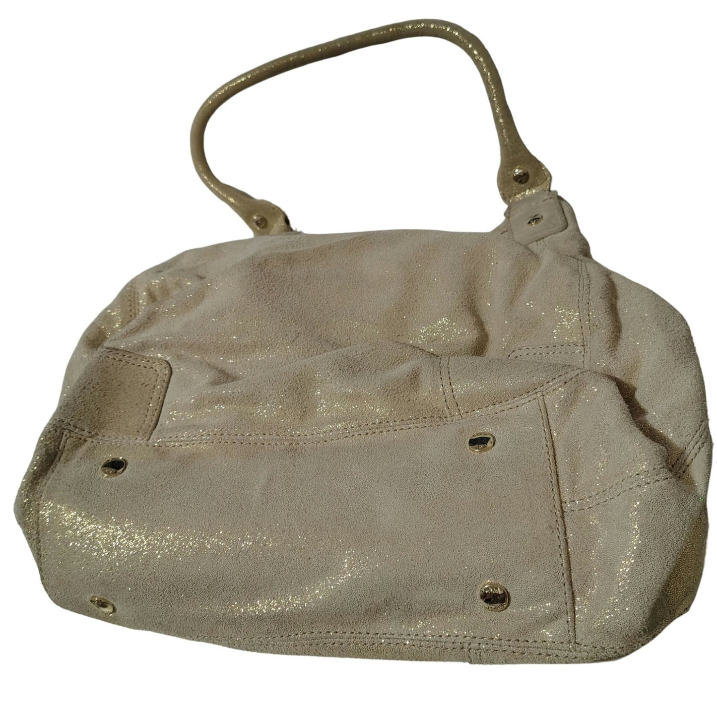 Cream Suede Gold Metallic Calvin Klein Shoulder Bag Double Handle 3 Compartments