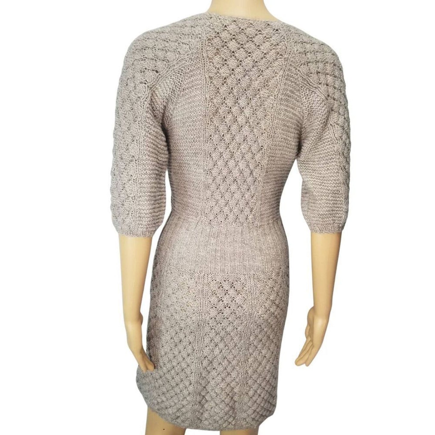 REBECCA TAYLOR Gray Wool Bodycon Sweater Dress Plunge Neckline Short Sleeve XS