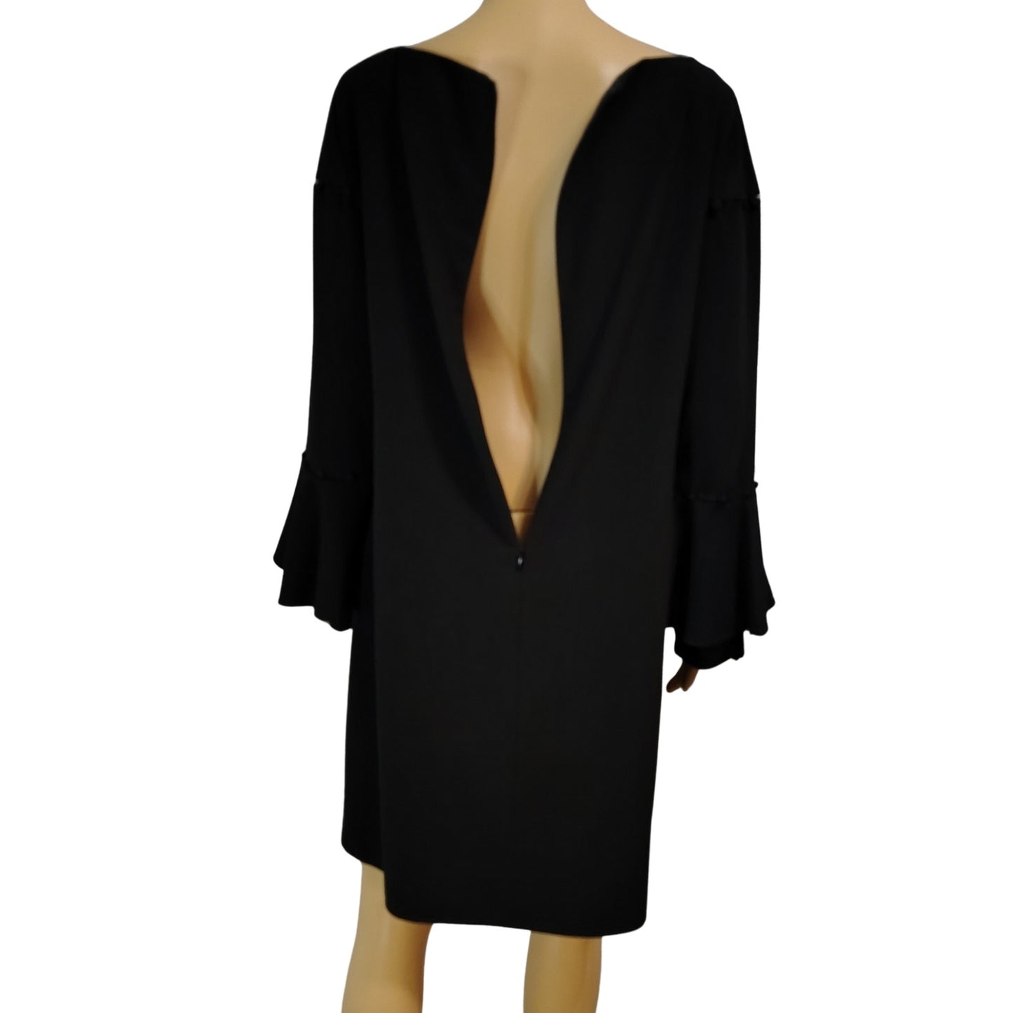 Laundry Shelli Segal Black Midi Dress Ruffled Flare Sleeves Pom Cut Out Size 12
