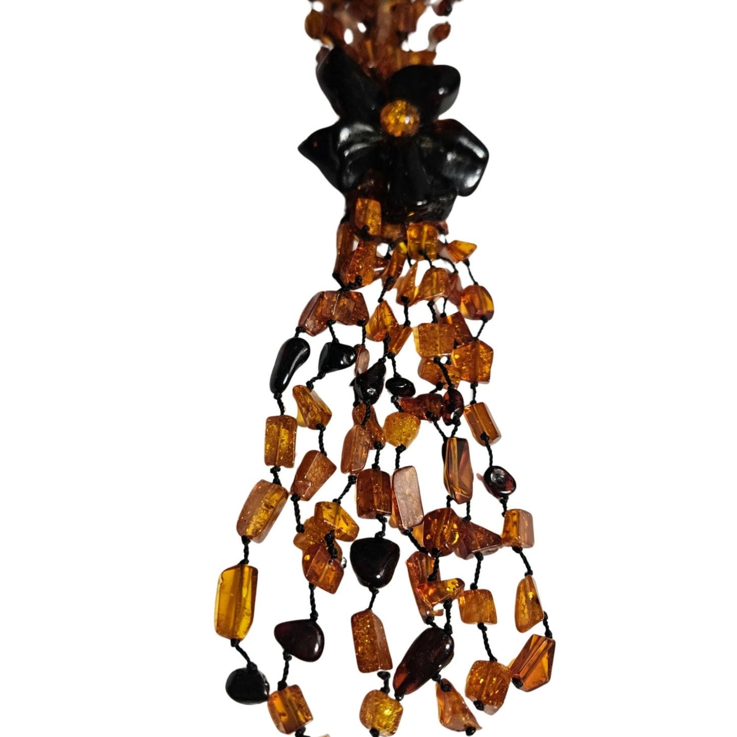 Baltic Amber Flower Statement Necklace Huge Bead Four Strand Tassel Cognac Brown