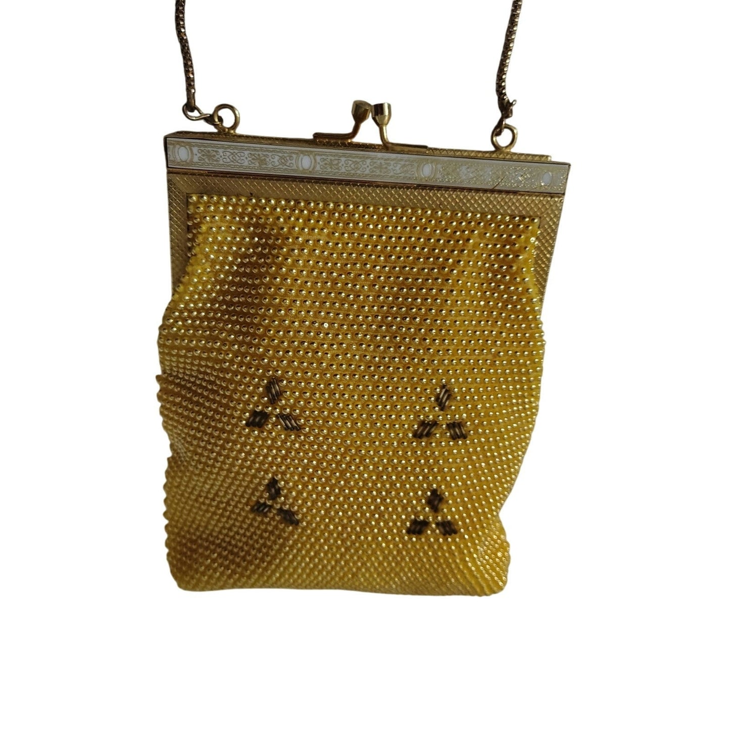 Vintage Yellow & Gold Tone Bubble Beaded Chain Handle Rectangle Evening Hand Bag