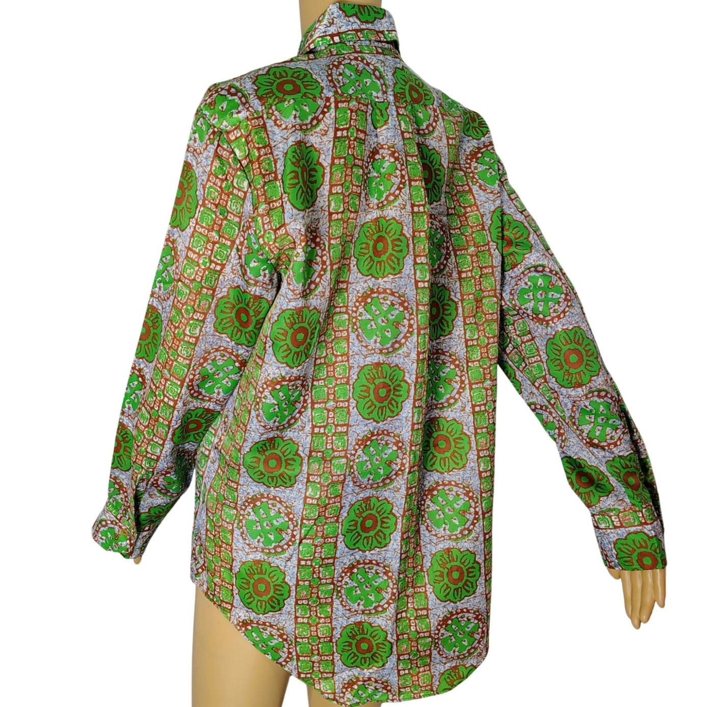 70s Green Polynesian Style Wing Tip Button Up Permanent Press Shirt Size Medium