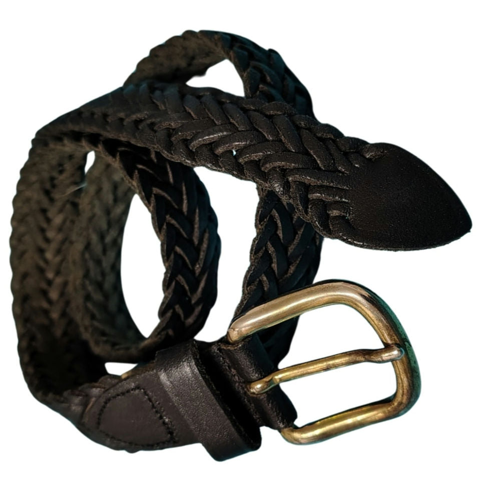 1980s Black Leather Narrow Width Braided Vintage Belt Adjustable Free Size 46