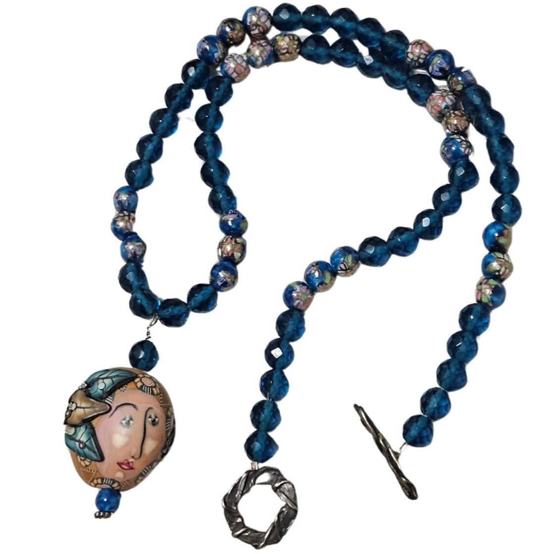 1980s Blue Artisan Crafted Polymer Clay Bead Face Pull Through Closure Necklace