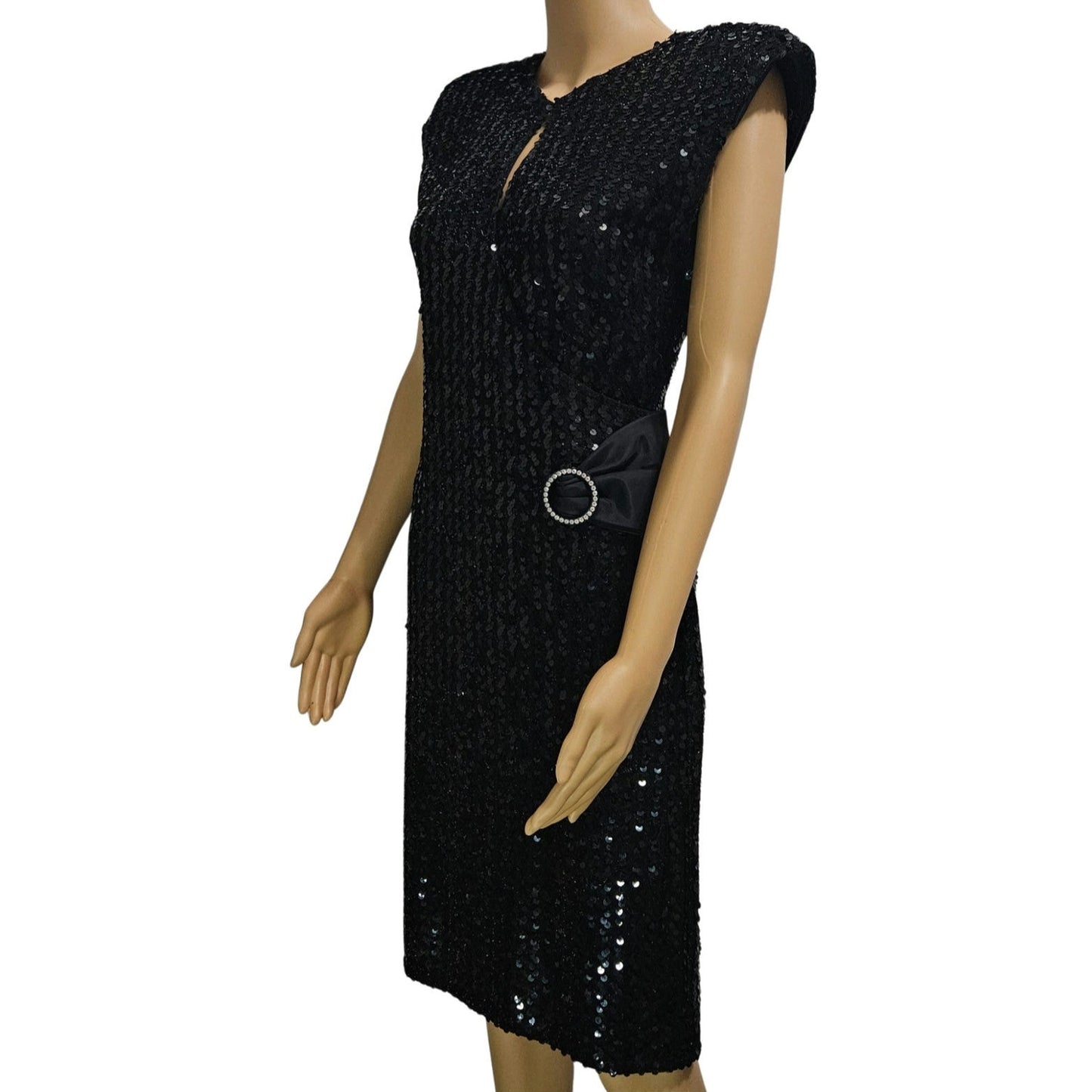 70’s 80’s Frederick’s Hollywood Black Sequin Wiggle Dress Bow Crystals Open Back