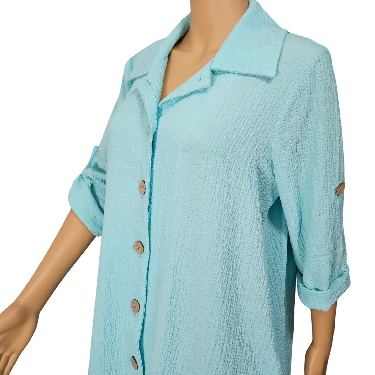 Nina Leonard Pebble Woven Tab Sleeve Tunic Blouse Fold Down Collar Top size Large