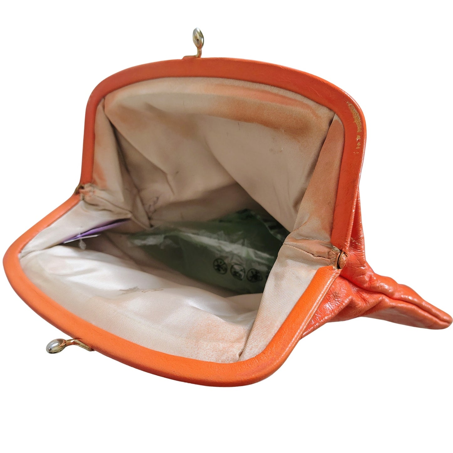 1950s Ingber Orange Genuine Leather Fold Over Clutch Handbag Gold Kiss Closure