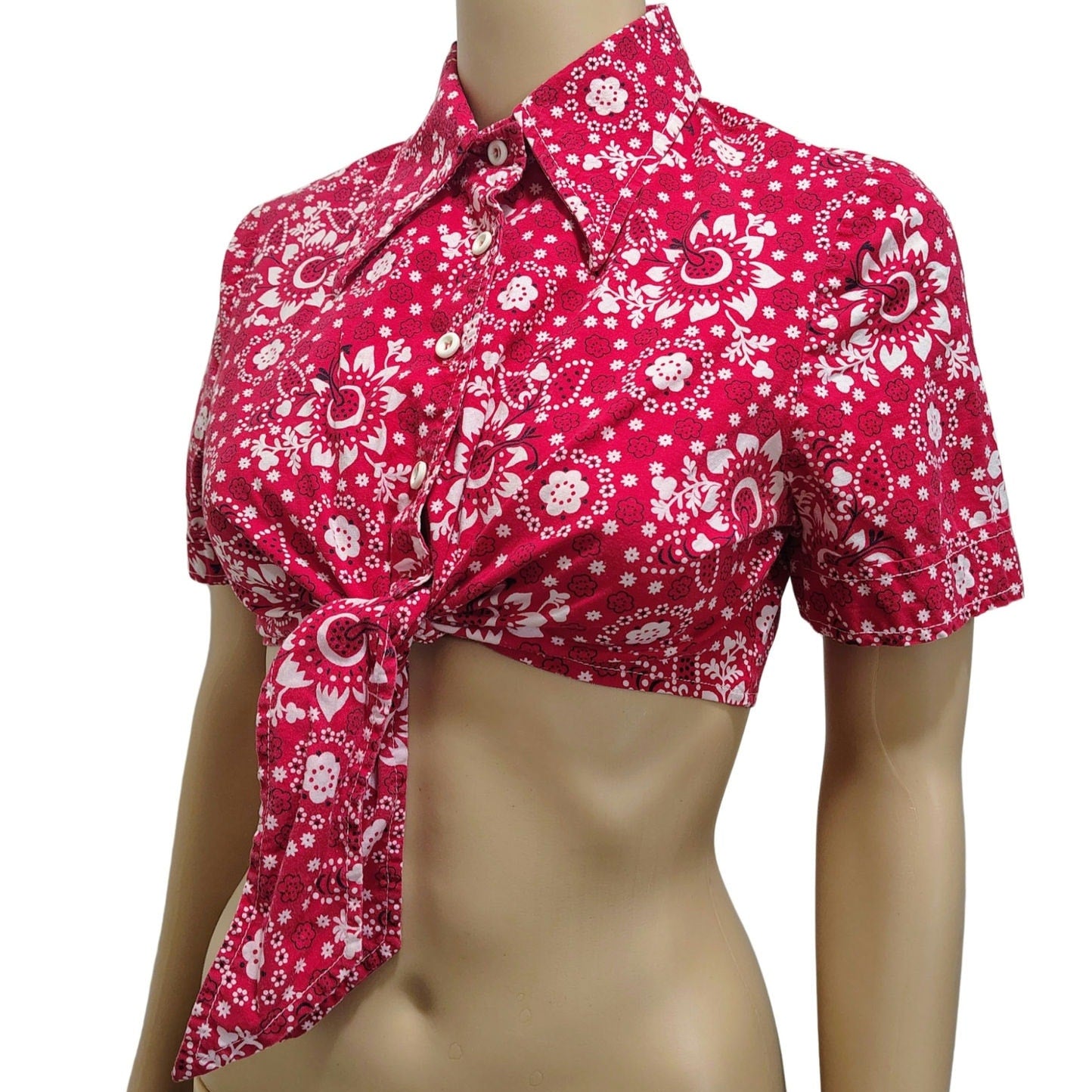 50s Red Cropped Bandana Kerchief Button Up Knot Tie Shirt Top Size 10 Juniors