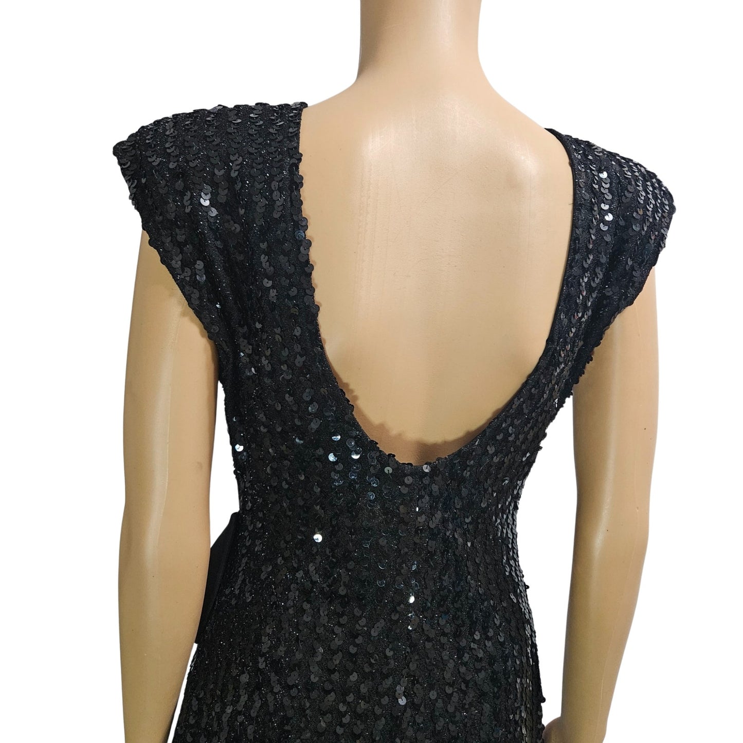 70’s 80’s Frederick’s Hollywood Black Sequin Wiggle Dress Bow Crystals Open Back