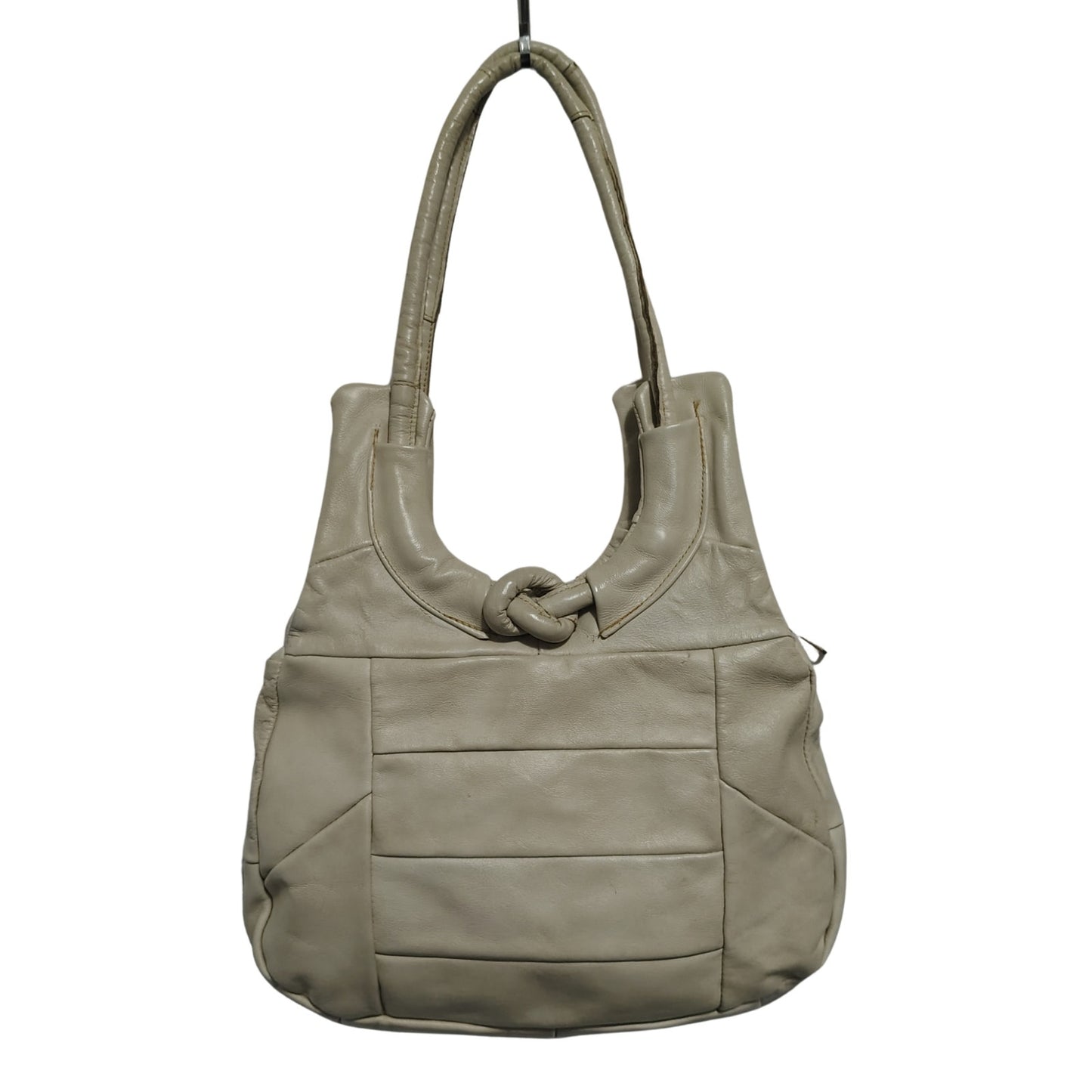 80s Cream Genuine Leather Patchwork Crescent Shoulder Bag Vintage Zipper Closure