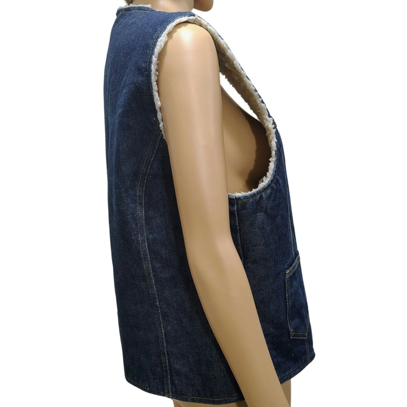 60s Indigo Blue Denim Western Sherpa Vest Seams Brass Snaps Closure Pockets SZ M