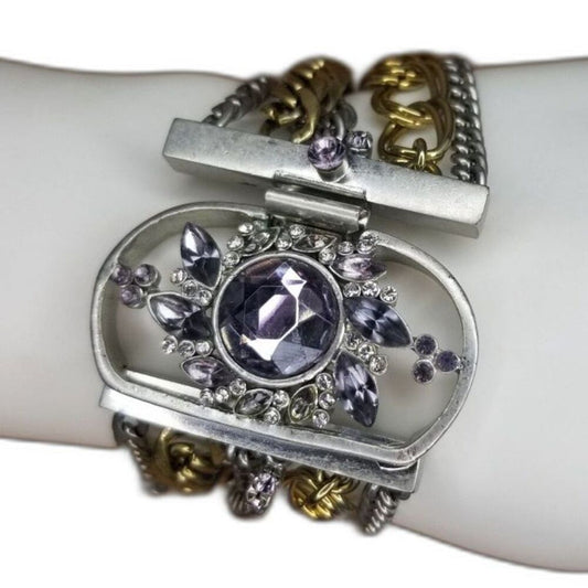 Vintage Layered Chain Link Gold Silver Tone Cuff Bracelet Crystal Adorned Flower