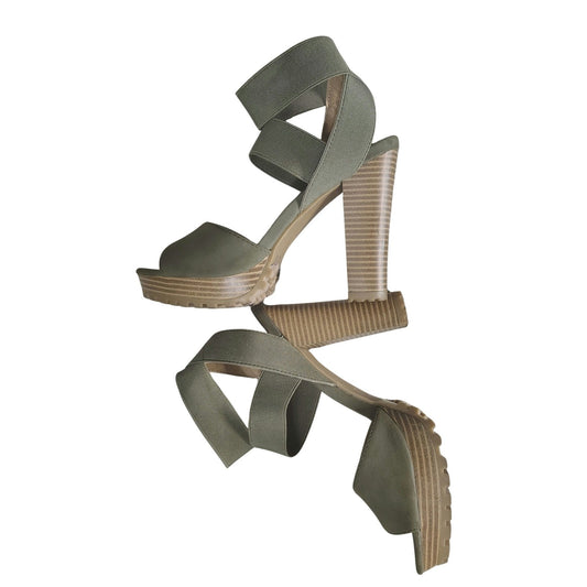 Forest Green Platform Strappy Elastic Sandals Traction Bottoms Block Heel Size 7