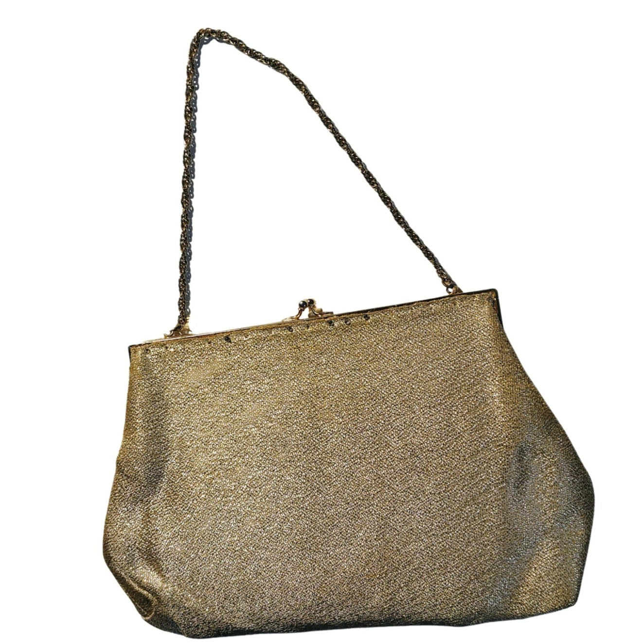 1950s Vintage Gold Metallic Round Gold Chain Handle Prom Bag Kiss Closure Purse