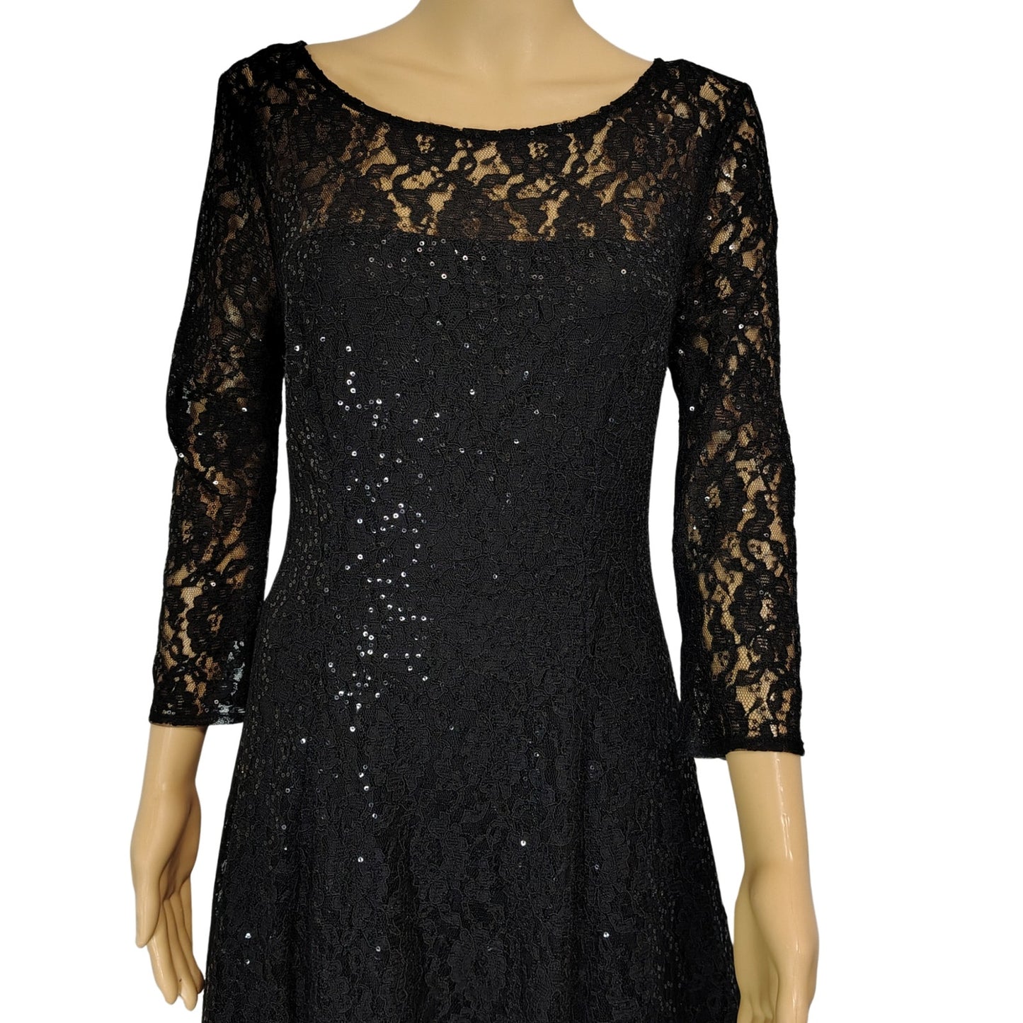 SLNY Black Sequined Illusion Lace Back Keyhole Fit Flare Knee Length Dress SZ 8