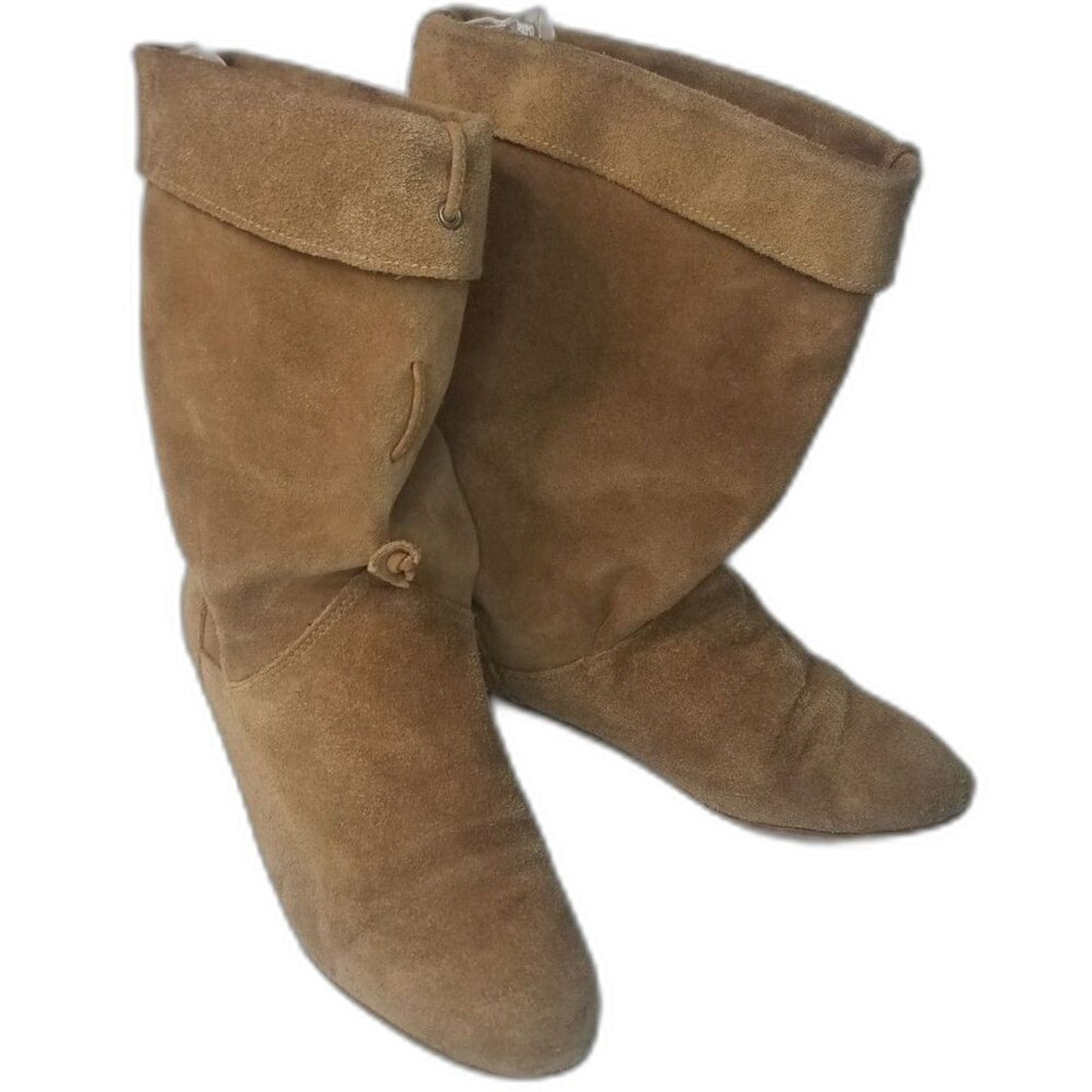 1980s Vintage Brown Suede Folded Slide On Slouch Wide Leg Almond Toe Boots 7M