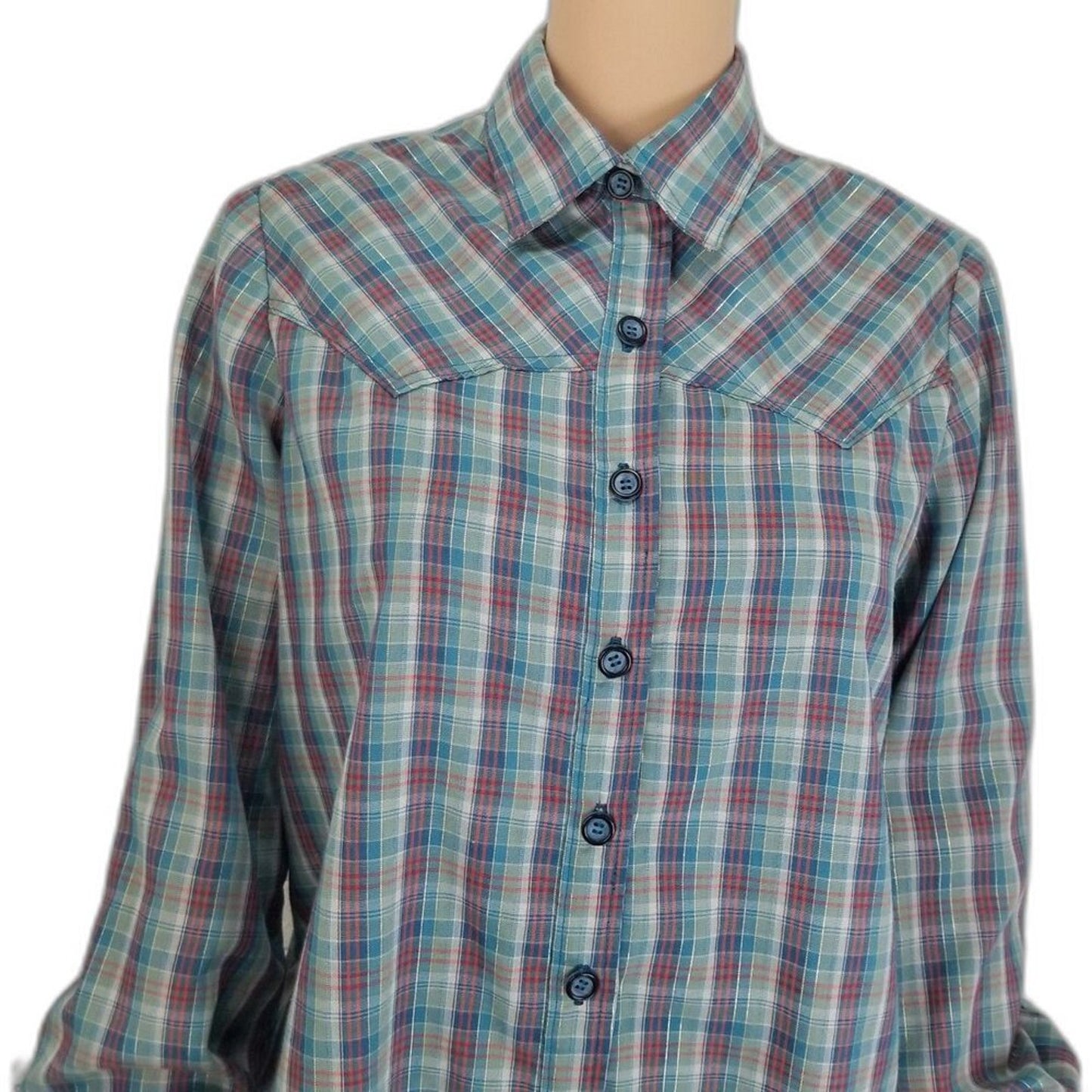 Metallic Shimmer Blue Vintage Western Cowboy Cowgirl Plaid Button Up Shirt Med