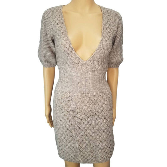 Gray Wool Dress Bodycon Sweater Mini Dress Deep Plunge Neckline Short Sleeve XS