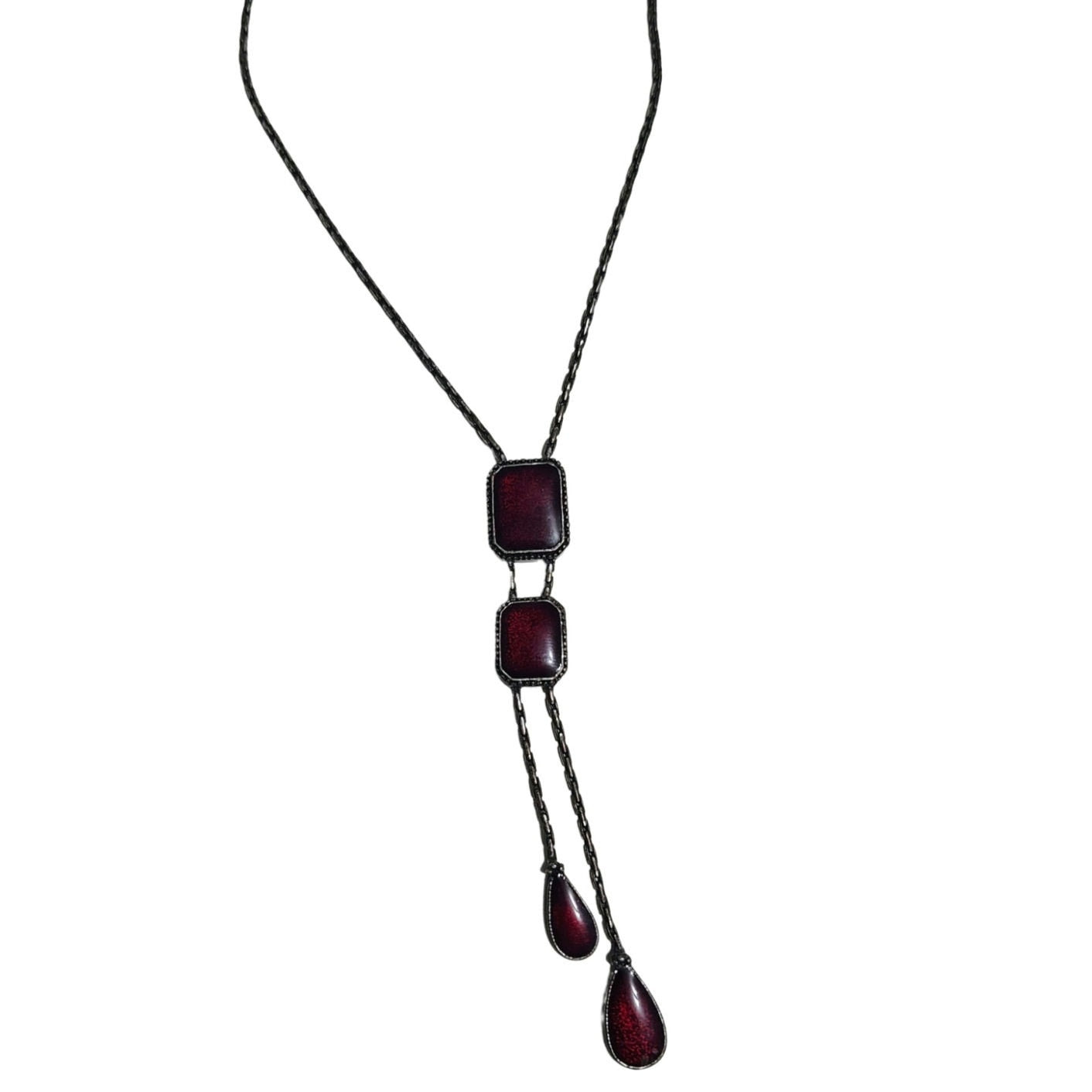 1980s Red Enamel Square Y Style Tear Drop Dangling Statement Silver Necklace