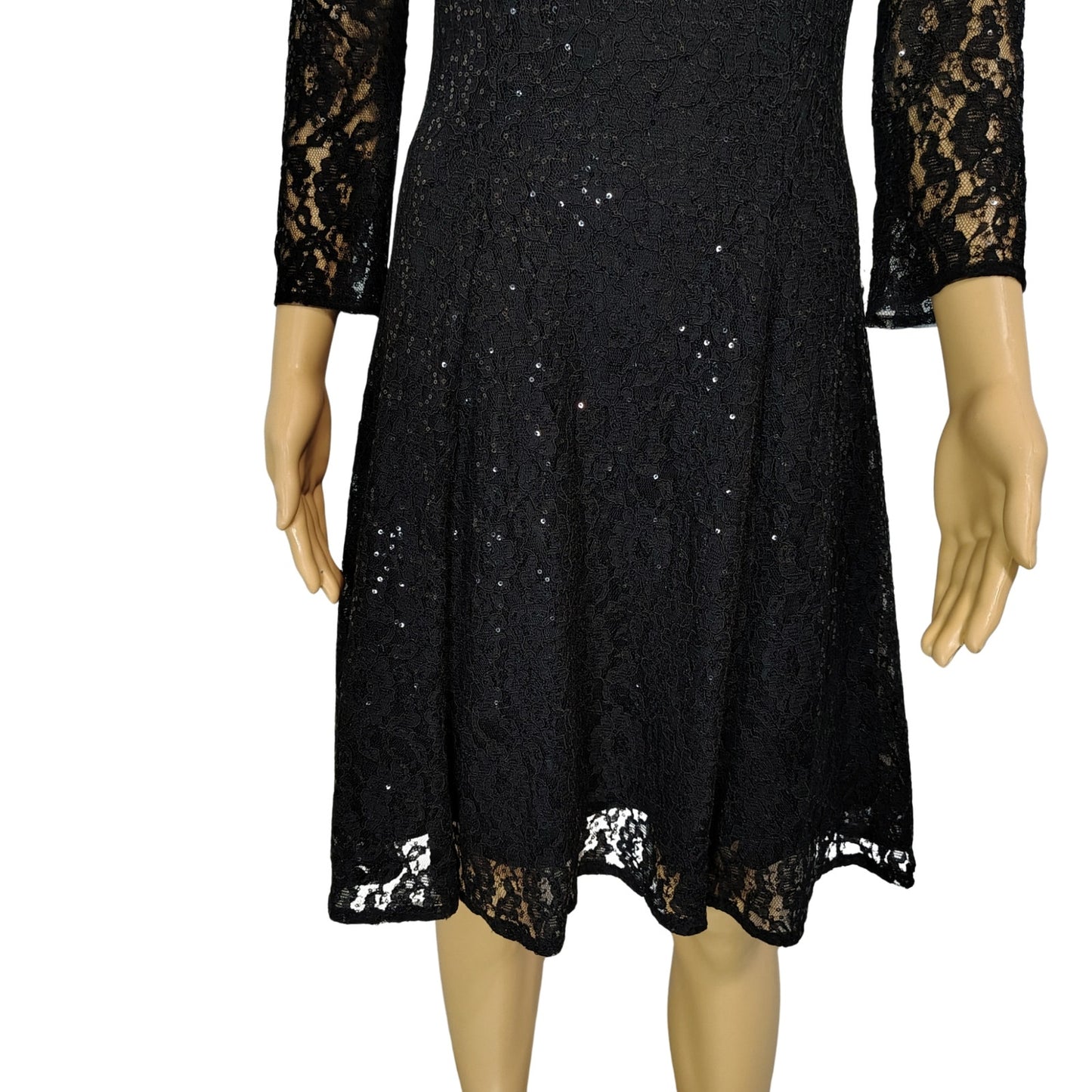 SLNY Black Sequined Illusion Lace Back Keyhole Fit Flare Knee Length Dress SZ 8