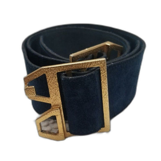 Vintage Big Gold Interlocking Cut Out Buckle Wide Blue Suede Belt Adjustable