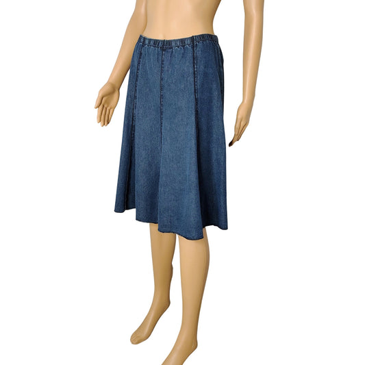 J Jill 100% Cotton Midi Denim Blue Panel Flare Skirt Elastic Waistband Size XSP