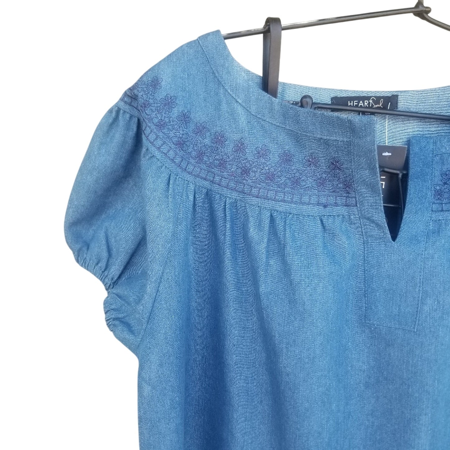 Heart Soul Embroidered Short Blue Jean Dress Cap Sleeves Lined Lace Hemline Size Large