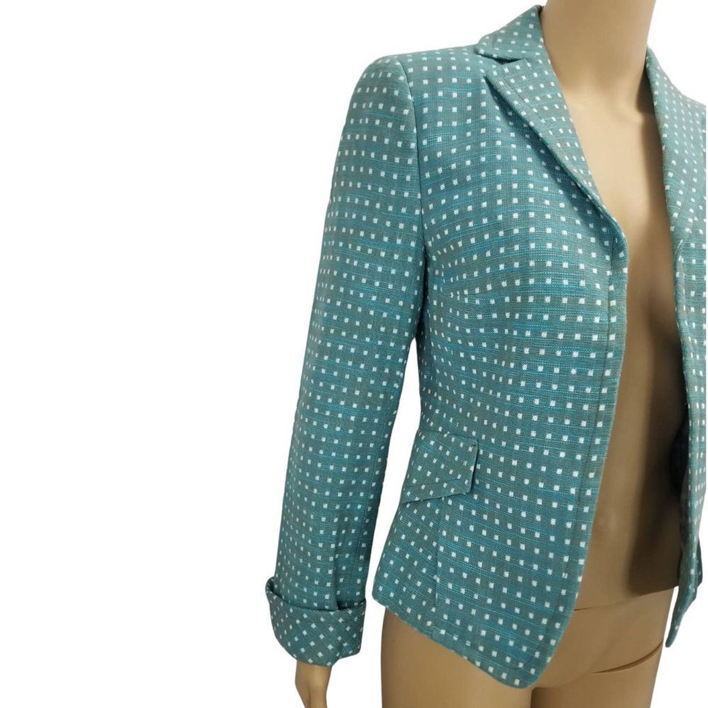 AKRIS punto Bergdorf Goodman Aquamarine Blue White Blazer Open Front Size 4