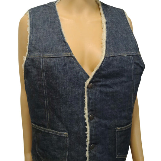 60s Indigo Blue Denim Western Sherpa Vest Seams Brass Snaps Closure Pockets SZ M