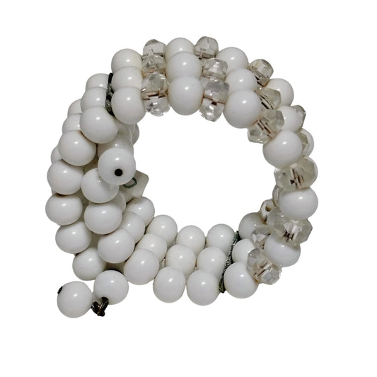 Antique White Glass & Crystal Bead Wire Strand Beaded Stiff Wire Cuff Bracelet