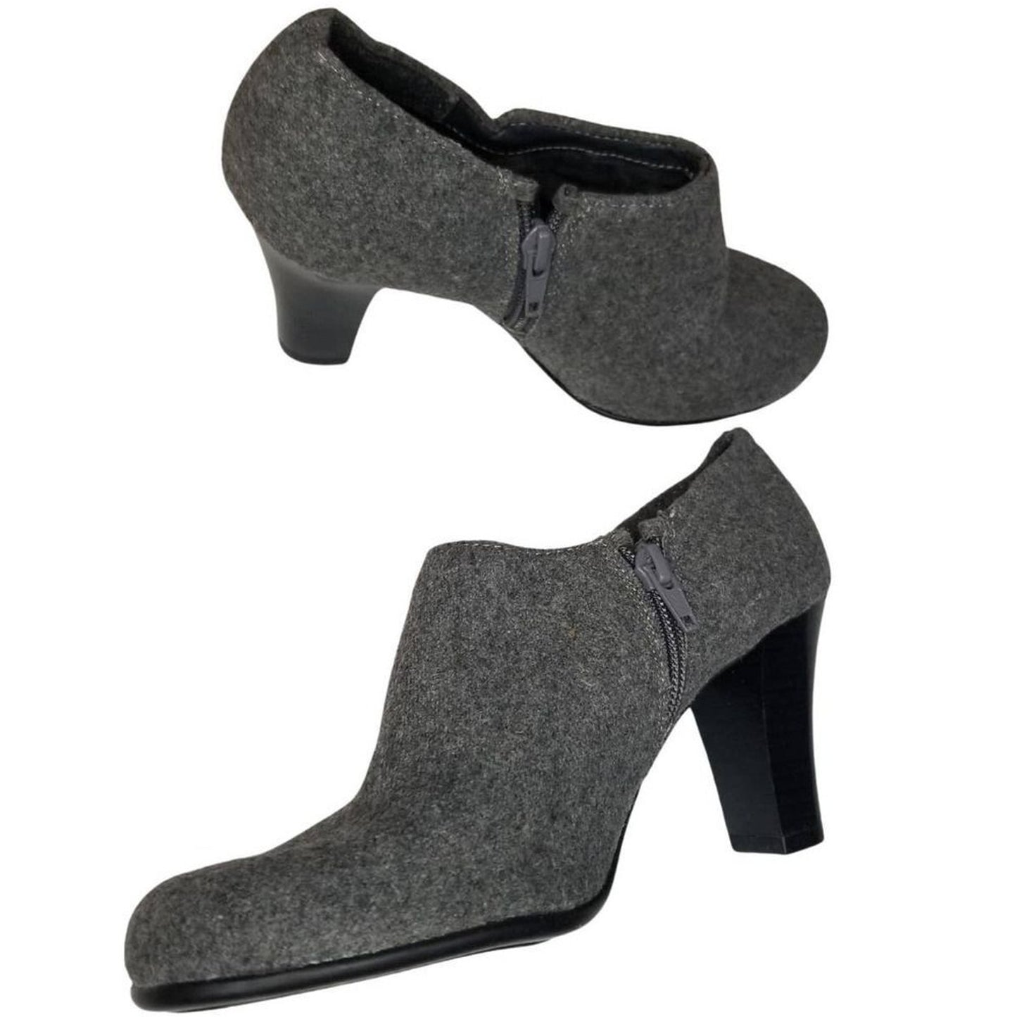 Booties Gray Fabric Round Toe High Heels Inside Zip Closure Size 7 Vegan New