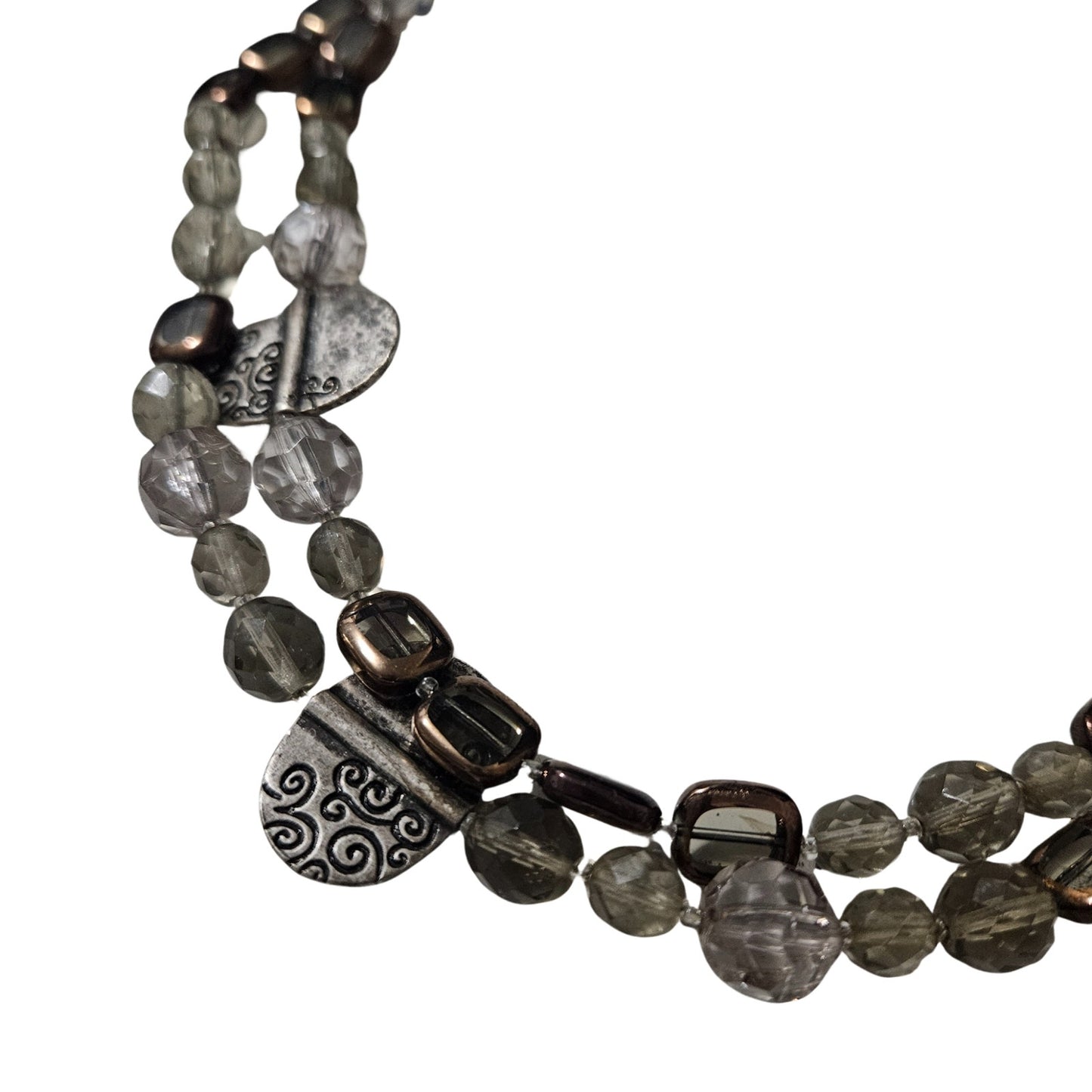 Smoky Bronze Clear Glass Double Strand Beaded Choker Necklace Silver Charms