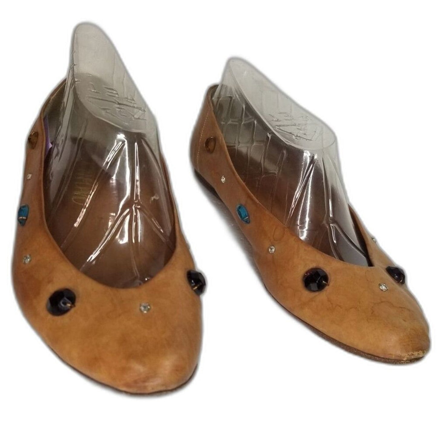 80s Vintage Joan & David Vegetable Tanned Leather Be-jeweled Tan Flats Size 7.5