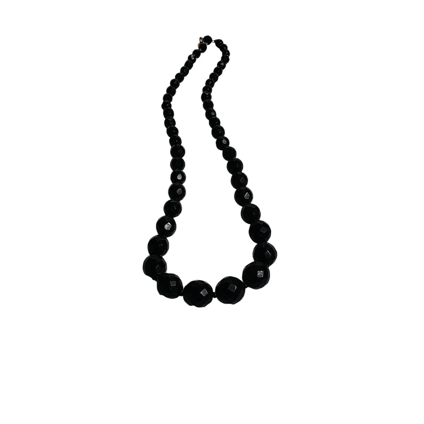 Black Beveled Glass Beaded Vintage Single Strand Necklace Spring Clasp Closurep