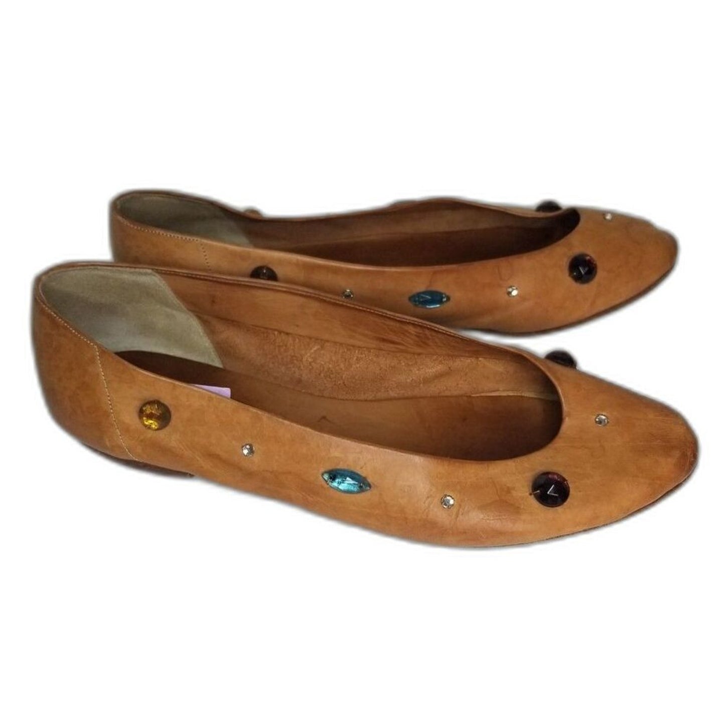 80s Vintage Joan & David Vegetable Tanned Leather Be-jeweled Tan Flats Size 7.5