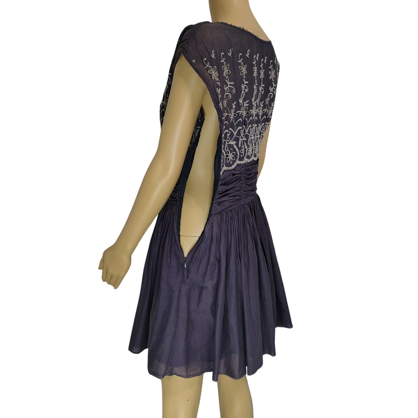 Free People Dark Purple Shirred Floral Embroidered Eyelet Dress Women's Size Small