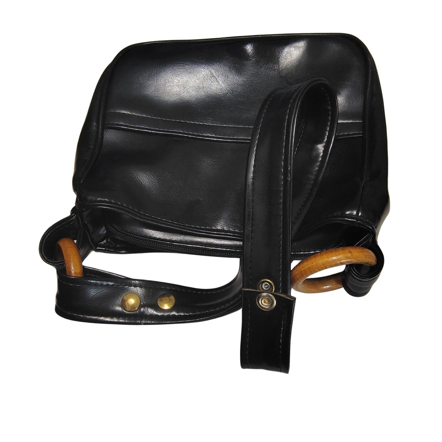 1970s Black Vinyl Convertible Shoulder Handbag Top Handle Purse Wood Loops