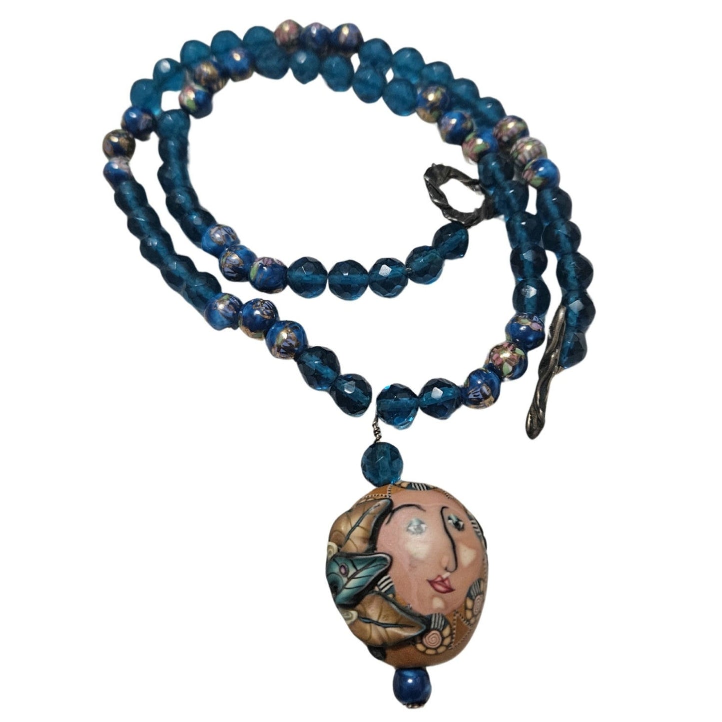 1980s Blue Artisan Crafted Polymer Clay Bead Face Pull Through Closure Necklace