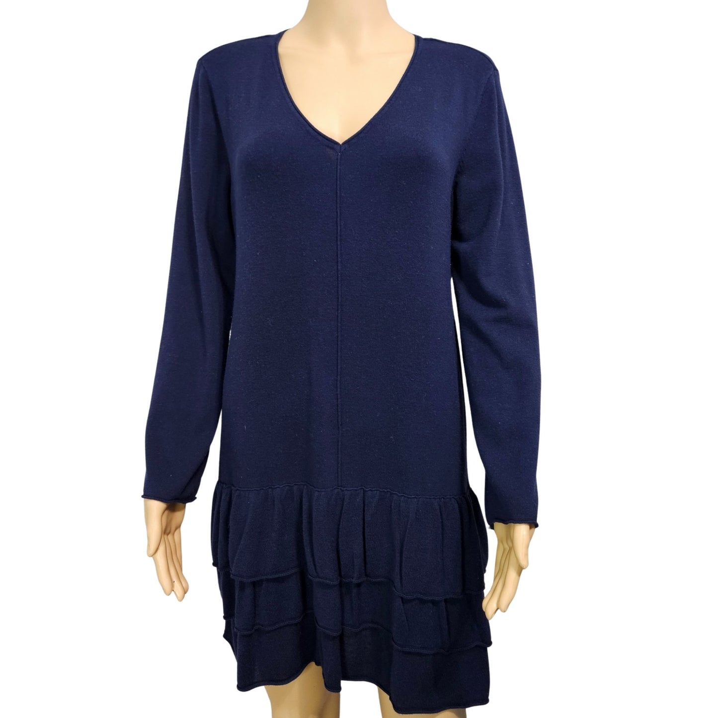 Style & Co. Knit Tunic Top Short Mini Vneck Navy Blue Drop Ruffle Hem Dress SZ M