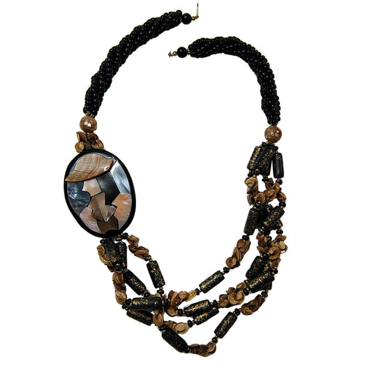 Vintage Layered Lacquered Shell Cameo Black Pink Beaded Statement Necklace
