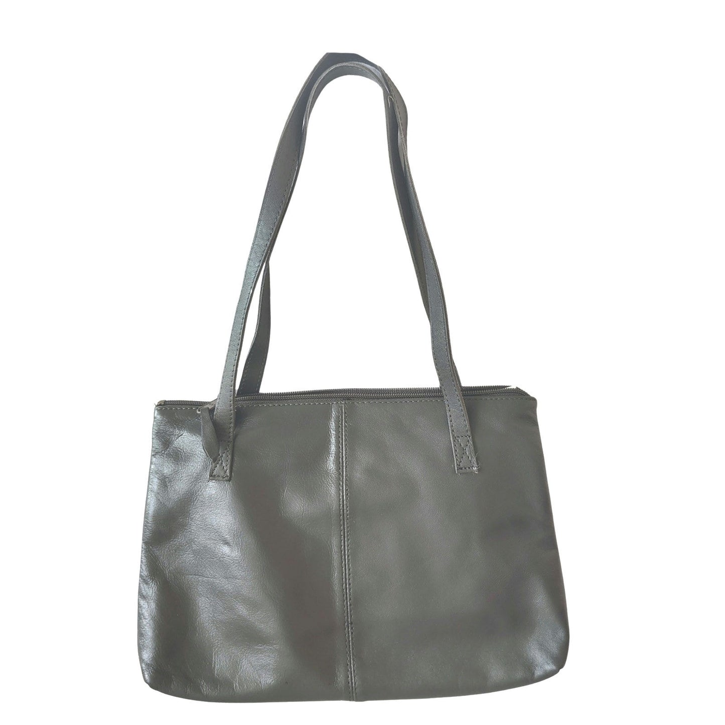 Gray Pleated Leather Vintage Shoulder Bag Two Handles Zip Top Purse 10.5" x 7.5"