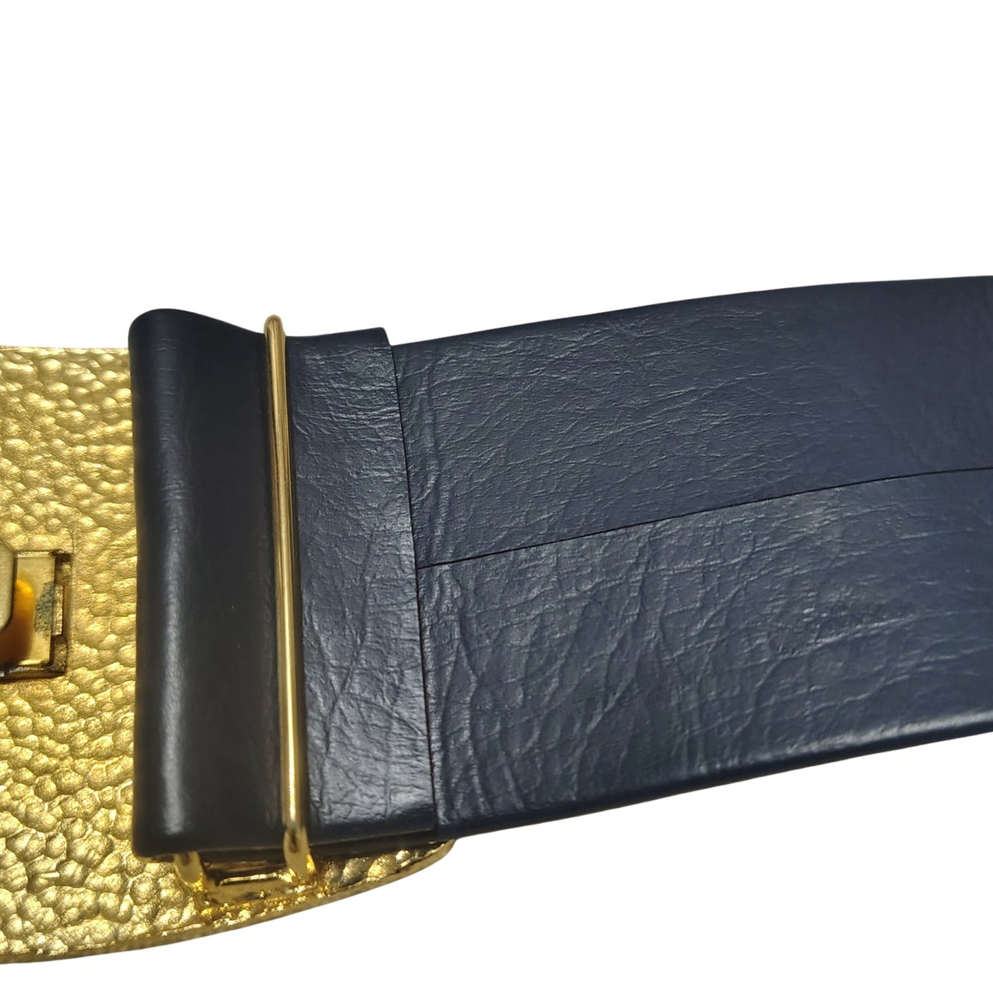 Wide Blue Leather Belt Gold Crocodile Print Huge Belt Buckle Hook Closure OS