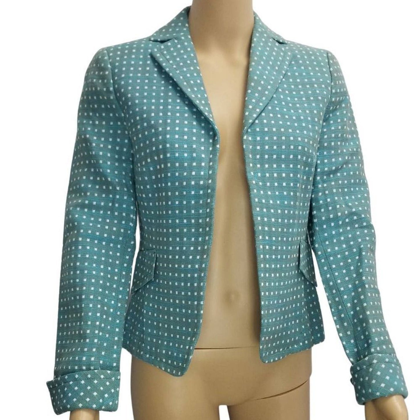 AKRIS punto Bergdorf Goodman Aquamarine Blue White Blazer Open Front Size 4