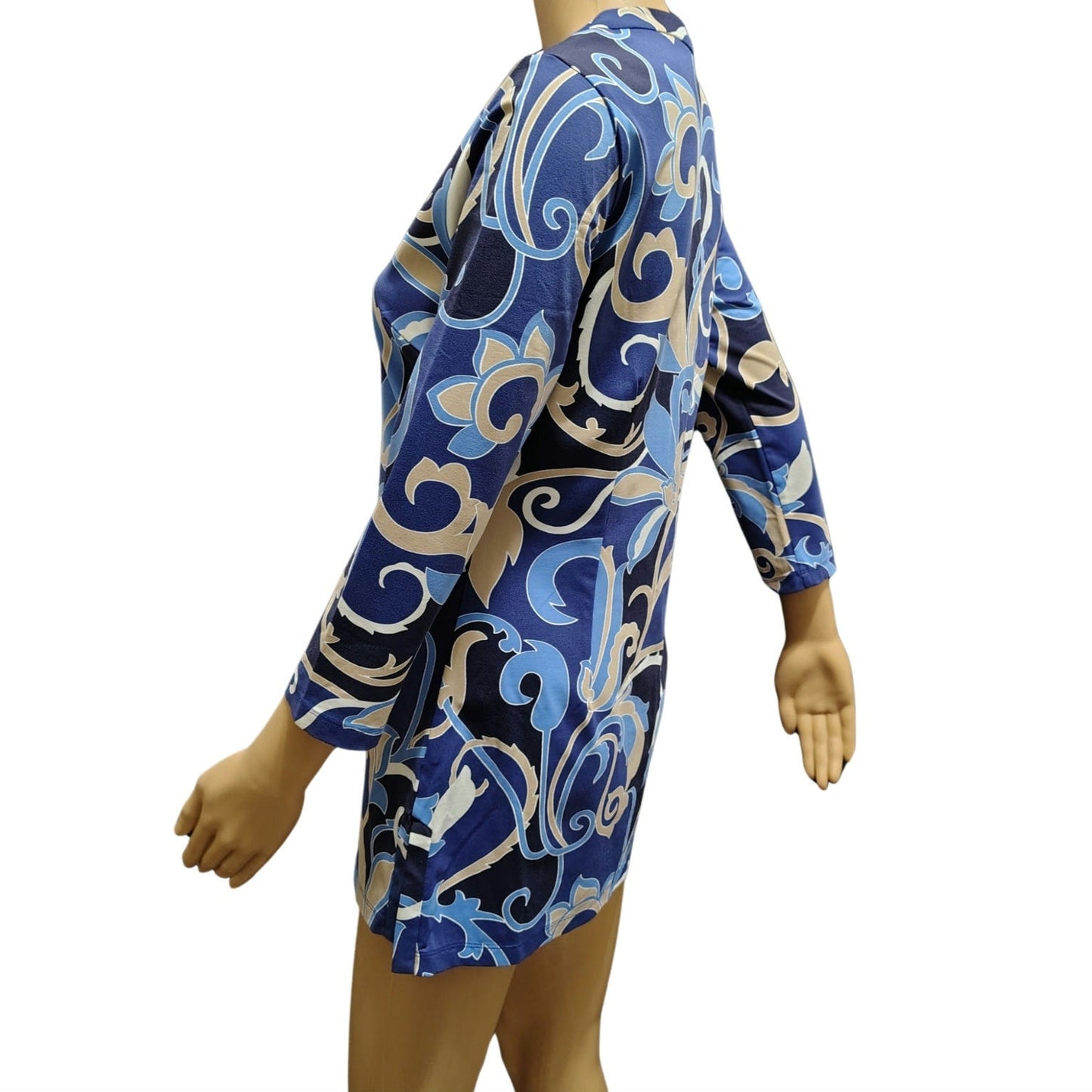 J. McLaughlin Blue Paisley 3/4 Sleeve Tunic Top Catalina Cloth V-Neck Size Small