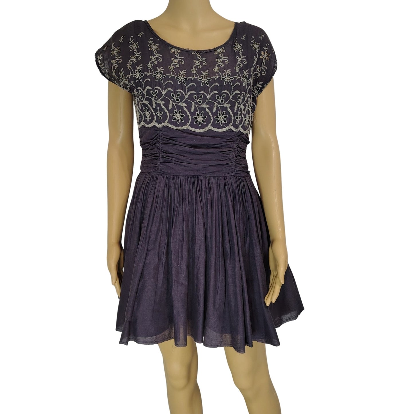 Free People Dark Purple Shirred Floral Embroidered Eyelet Dress Women's Size Small