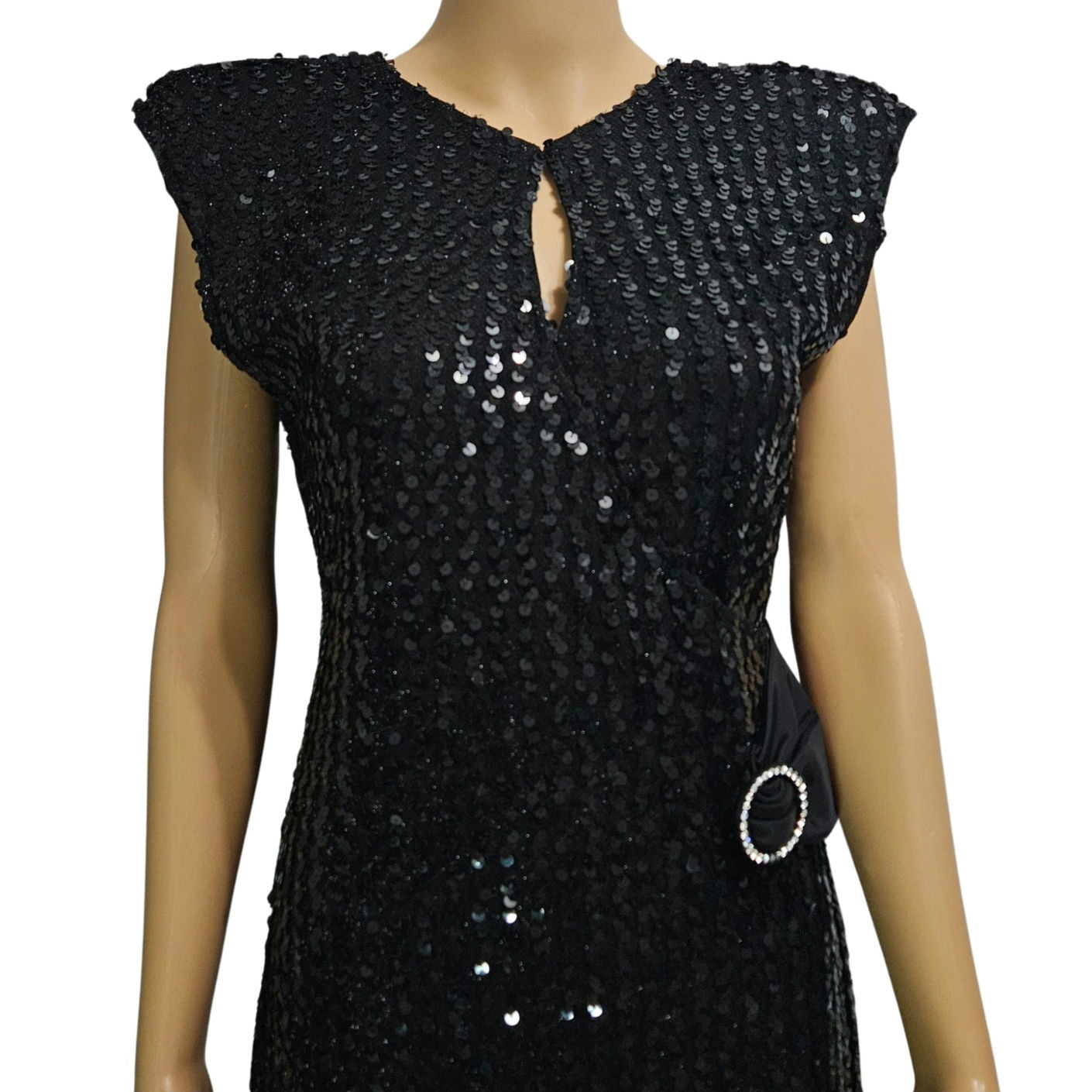 70’s 80’s Frederick’s Hollywood Black Sequin Wiggle Dress Bow Crystals Open Back