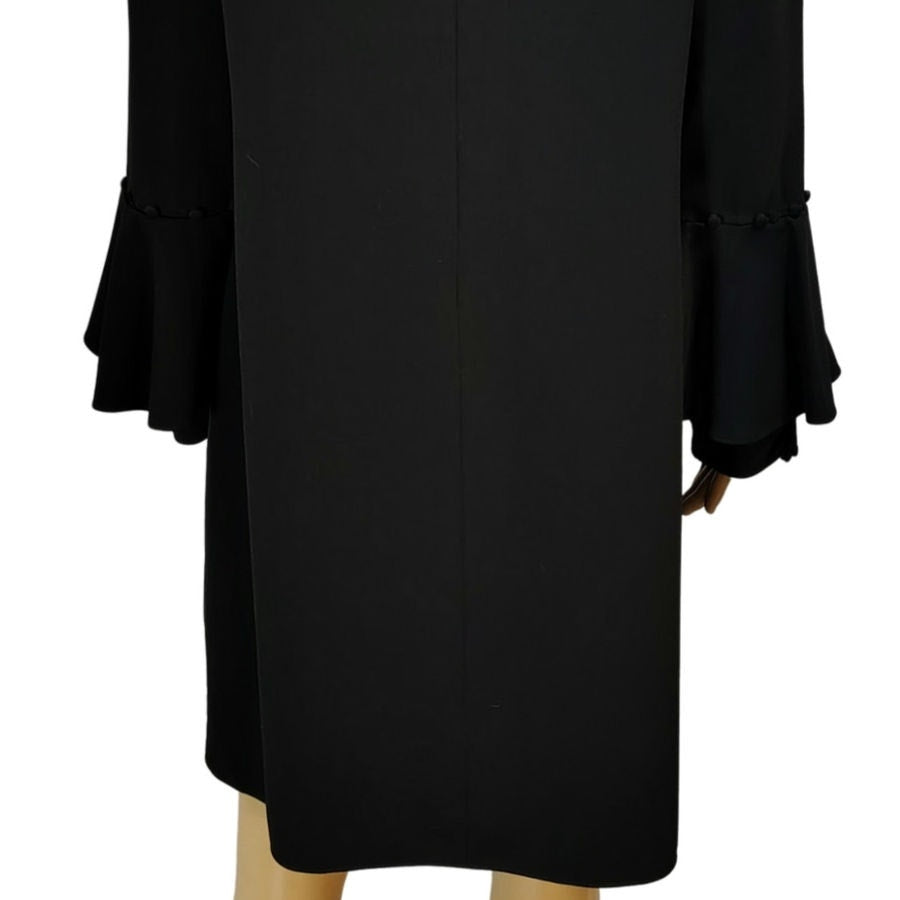 Laundry Shelli Segal Black Midi Dress Ruffled Flare Sleeves Pom Cut Out Size 12