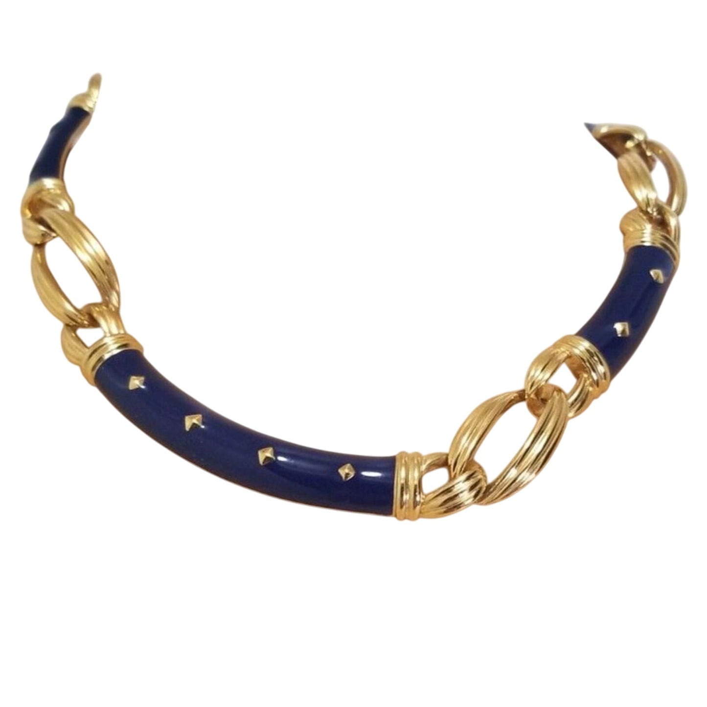 1980s Blue Enamel Large Rope Chain Link Choker Necklace Gold Tone by Ivana Trump
